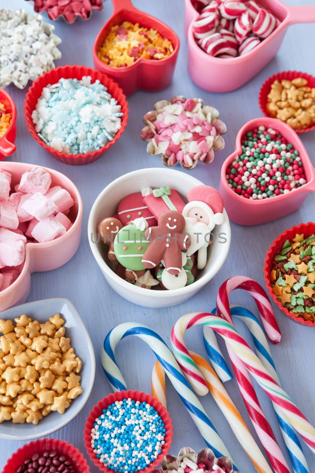 Colorful variety of christmas sprinkles and sugar decorations