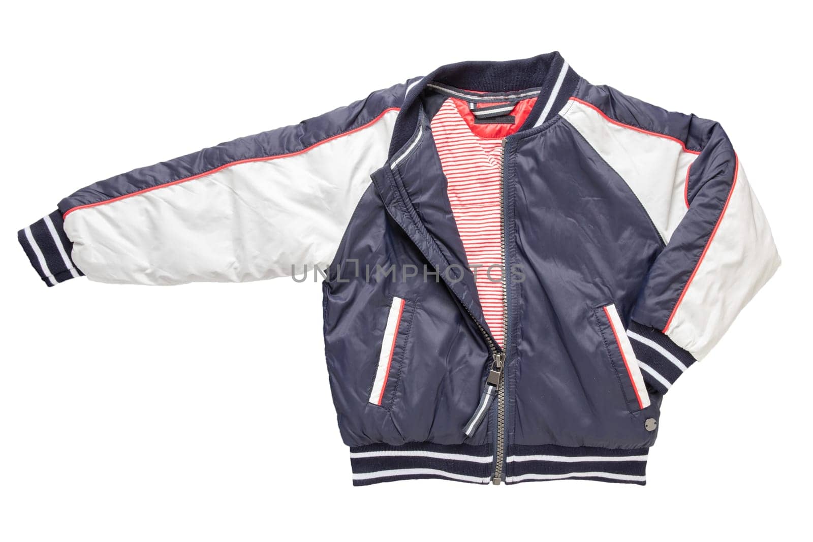 Children’s autumn or winter jacket. Stylish childrens blue and white warm down jacket isolated on a white background.