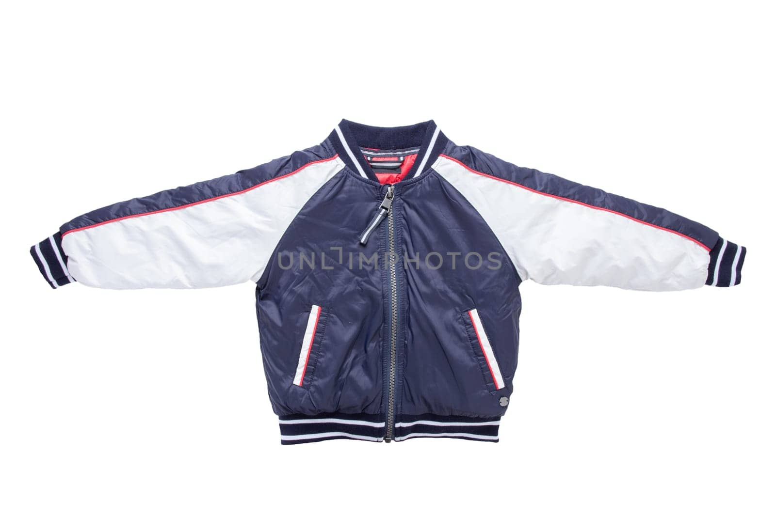 Children’s autumn or winter jacket. Stylish childrens blue and white warm down jacket isolated on a white background.