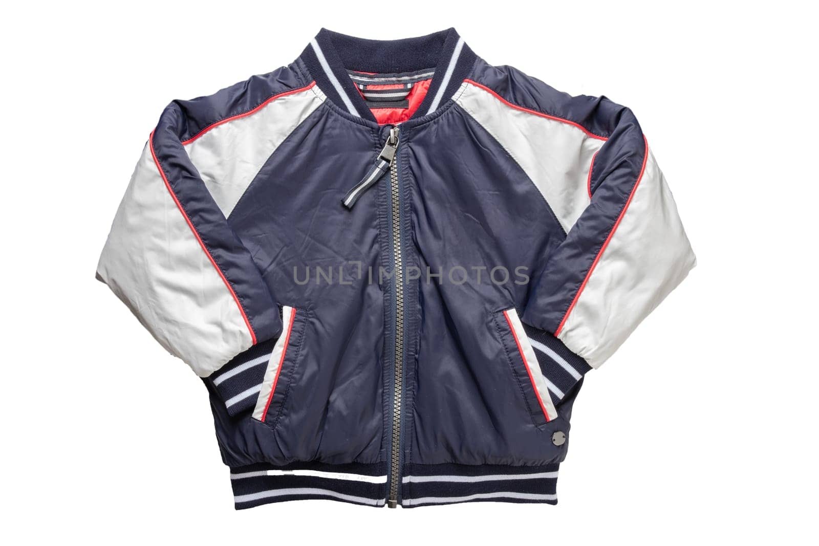 Children’s autumn or winter jacket. Stylish childrens blue and white warm down jacket isolated on a white background.