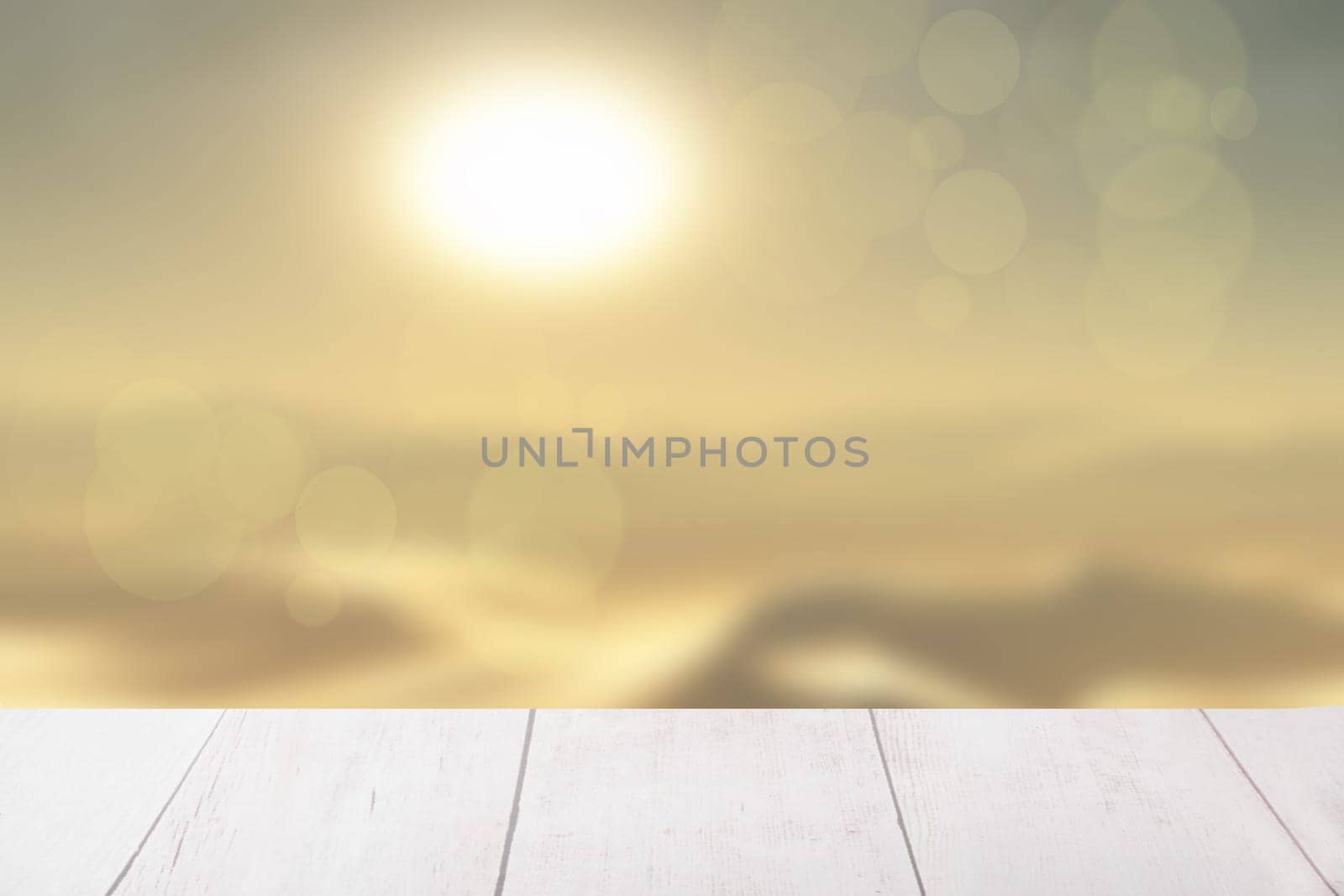 Table top and a blur abstract sunset and desert landscape background. Empty rustic wooden bright table top in front of abstract yellow desert landscape. Template for your product display montage.