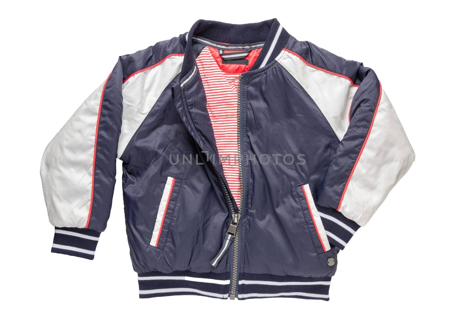 Children’s autumn or winter jacket. Stylish childrens blue and white warm down jacket isolated on a white background.