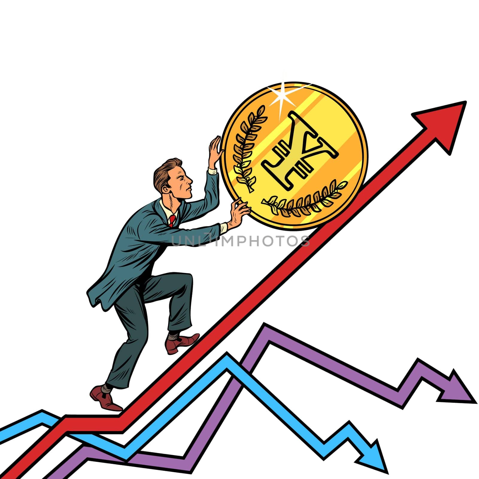 businessman roll a yen coin up. isolate on white background. Pop art retro vector illustration vintage kitsch
