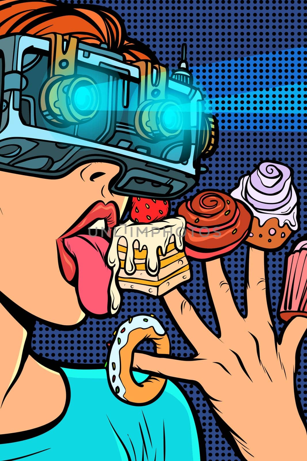 woman in virtual reality glasses eating sweets. cake cupcake donut marshmallow. Pop art retro vector illustration vintage kitsch