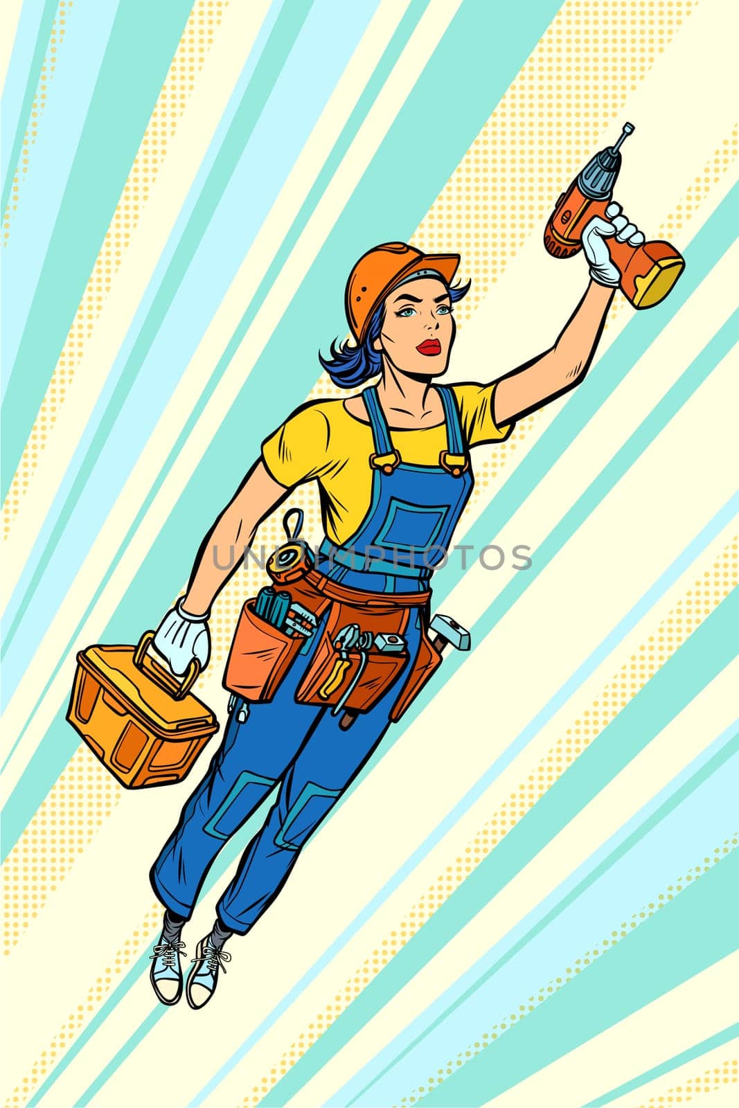 woman with drill, repair and construction. Superhero flying. Pop art retro vector illustration vintage kitsch