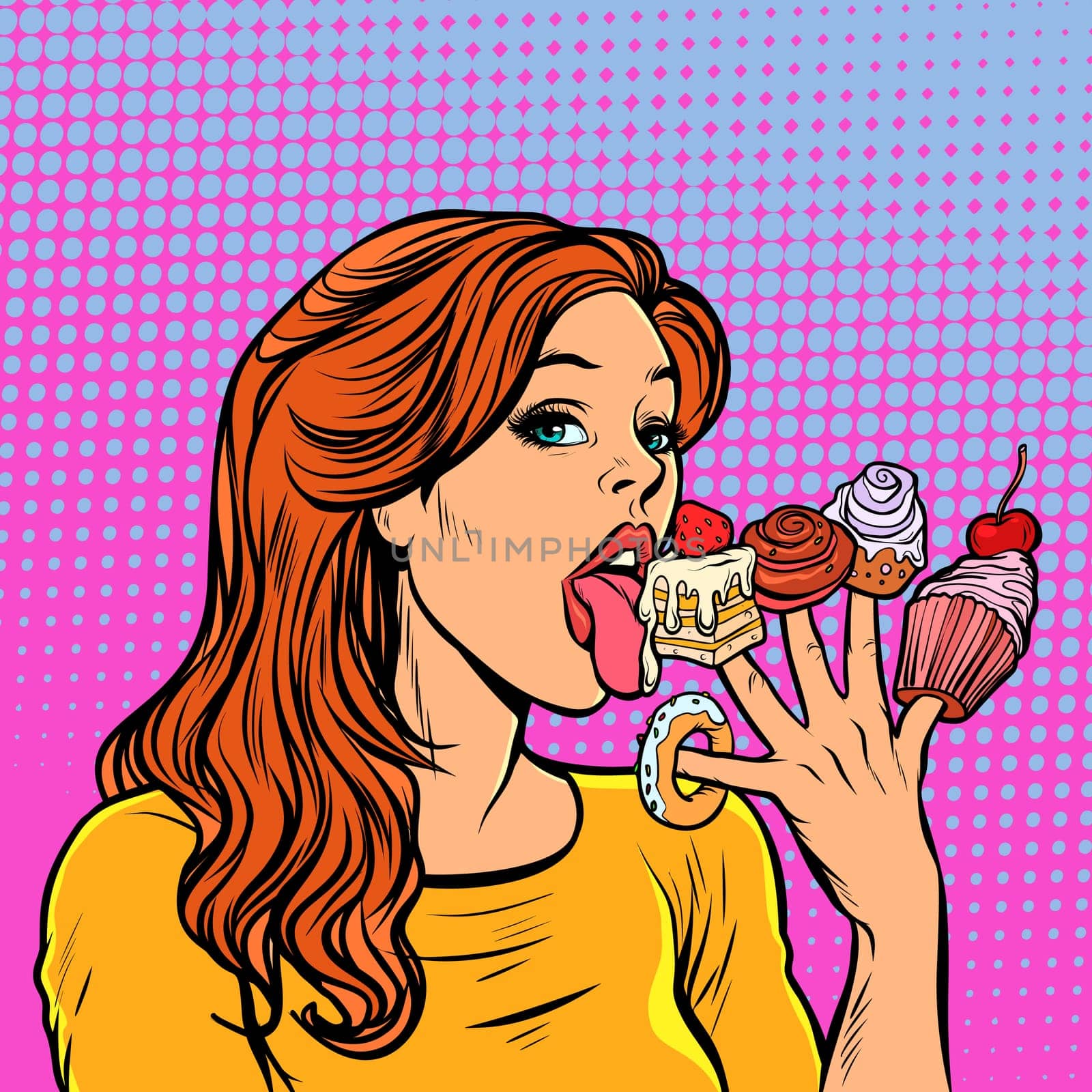 Beautiful woman licking sweets from her fingers. sweets cake cupcake donut marshmallow. Pop art retro vector illustration vintage kitsch