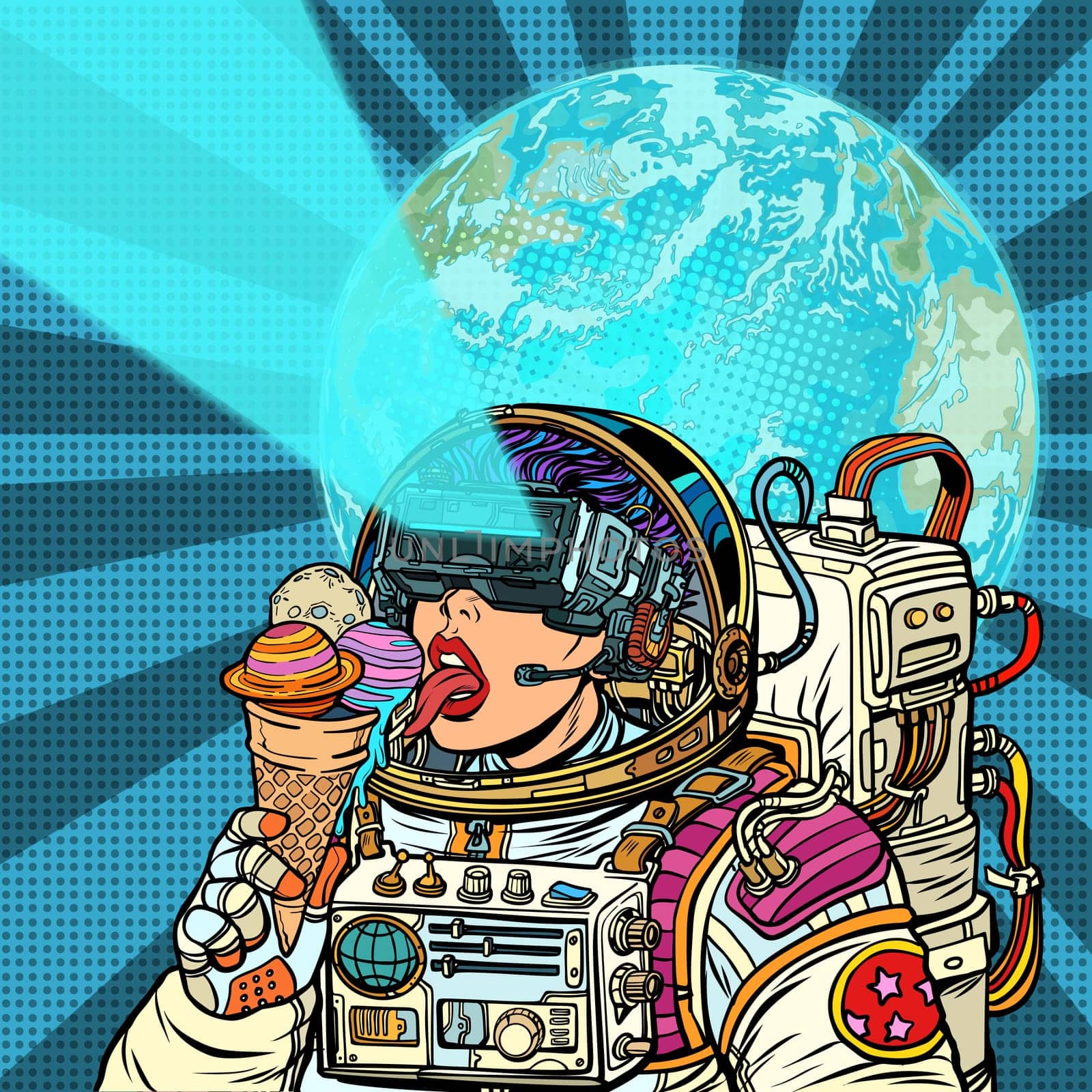 Virtual reality. Woman astronaut and space dreams. Woman astronaut eats planets of the solar system, like ice cream. Humanity and cosmic dreams concept. Pop art retro vector illustration vintage kitsch