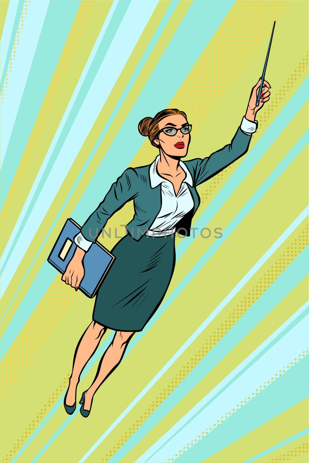 female teacher, superhero flying. Pop art retro vector illustration vintage kitsch