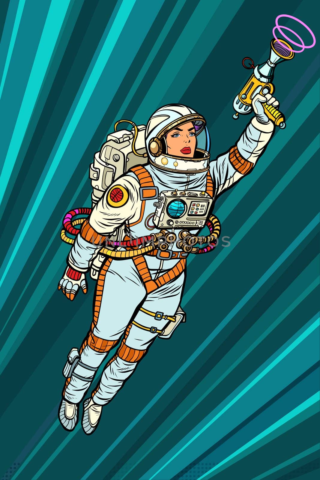 Superhero woman astronaut paratrooper with Blaster, science fiction. Pop art retro vector illustration vintage kitsch