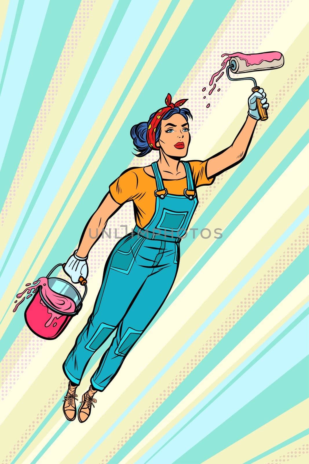 woman painter, superhero flies. Pop art retro vector illustration vintage kitsch