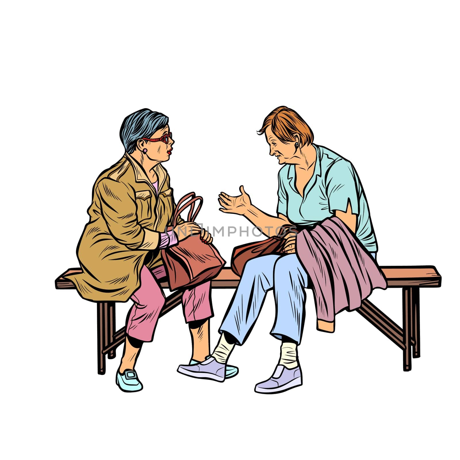 two elderly women sitting on a bench. Pop art retro vector illustration vintage kitsch