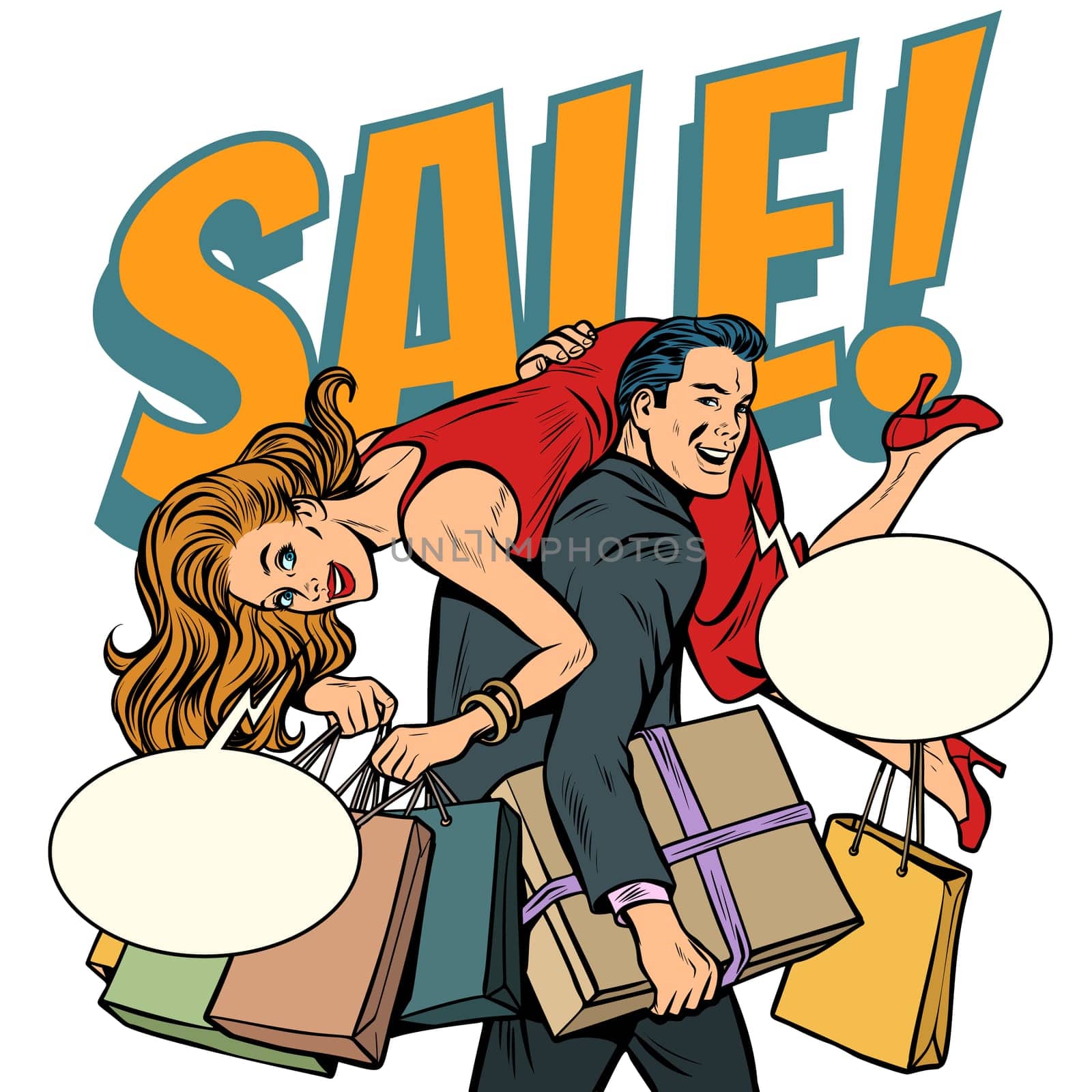 man carries woman in his arms, sale. Pop art retro illustration vintage kitsch drawing