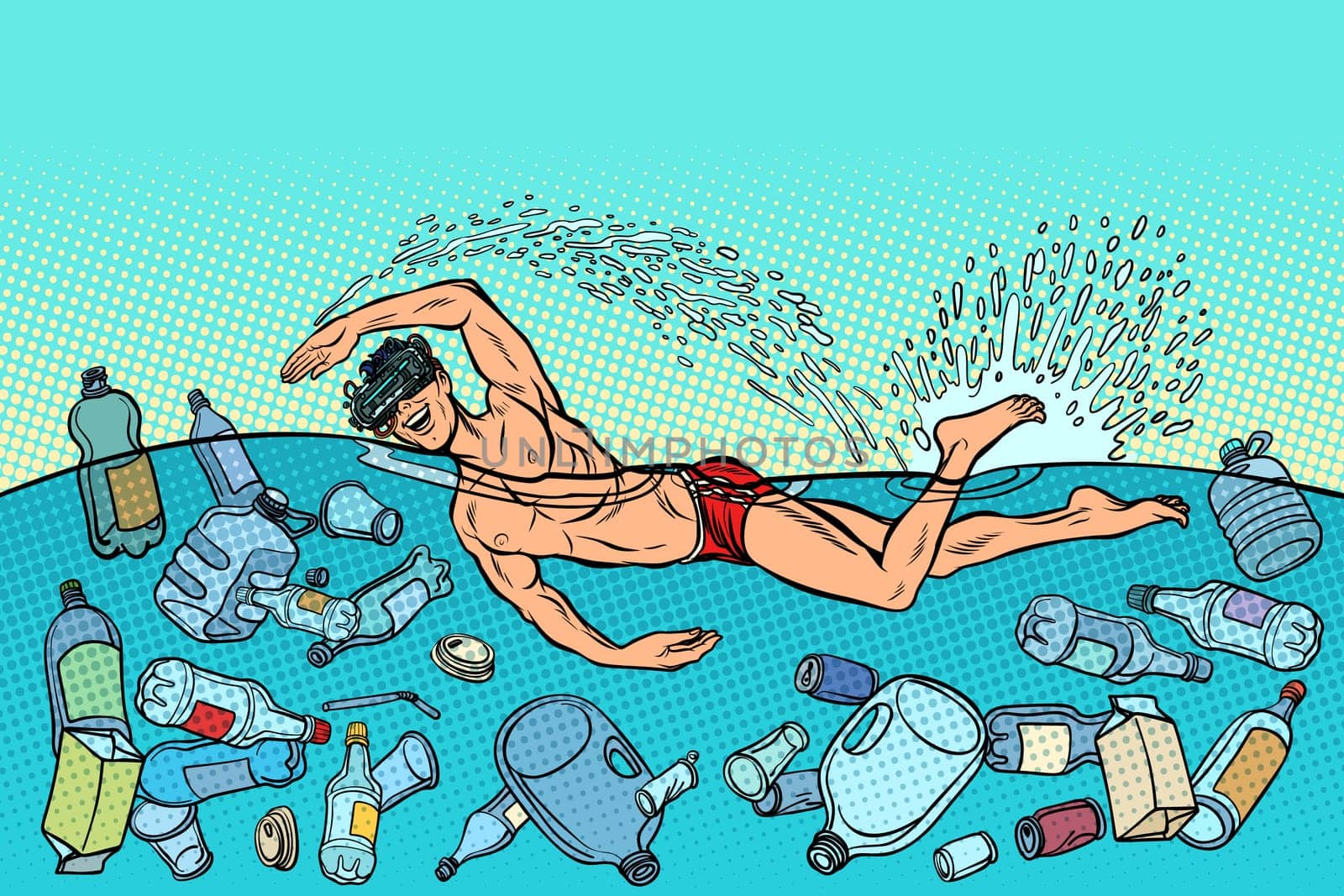 Ocean pollution by plastic trash. Ecology concept. virtual reality glasses. man swimmer swims. Pop art retro vector illustration vintage kitsch