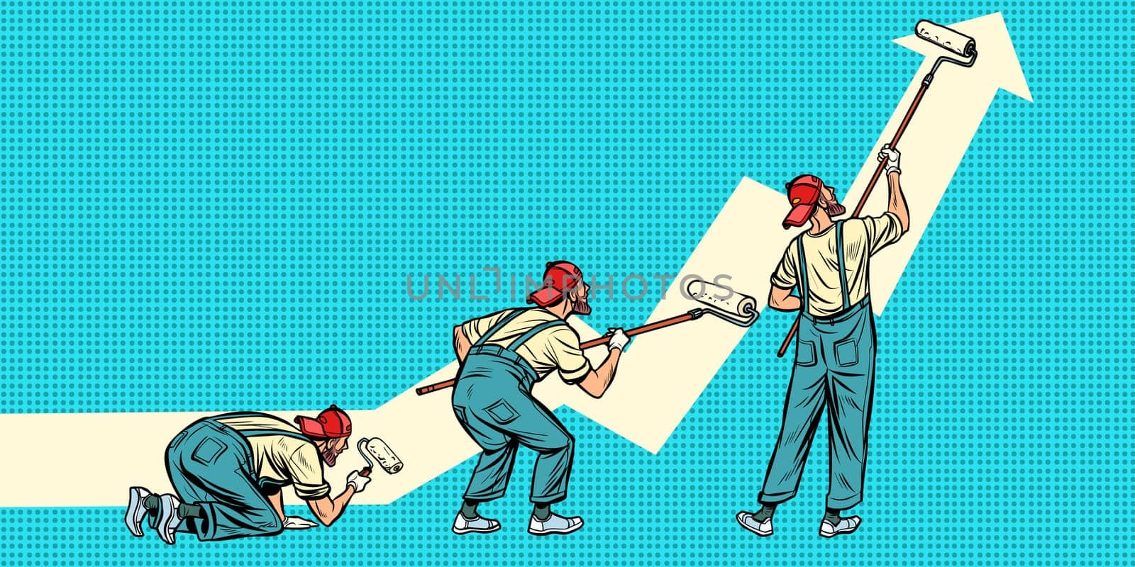 Growth chart up. Painter paints. Three poses. Pop art retro vector illustration vintage kitsch