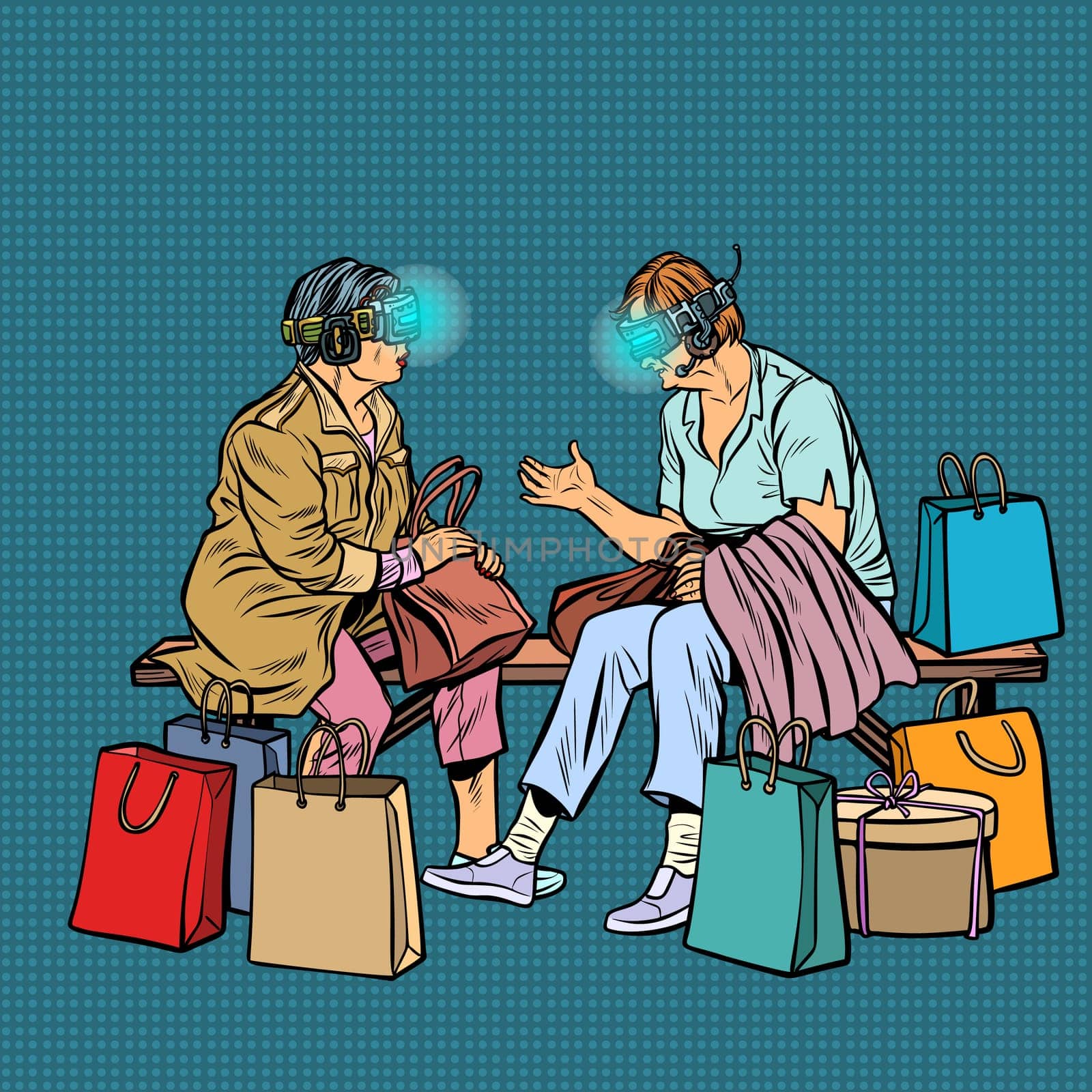 Elderly women online shopping, virtual reality and VR glasses. Pop art retro vector illustration vintage kitsch