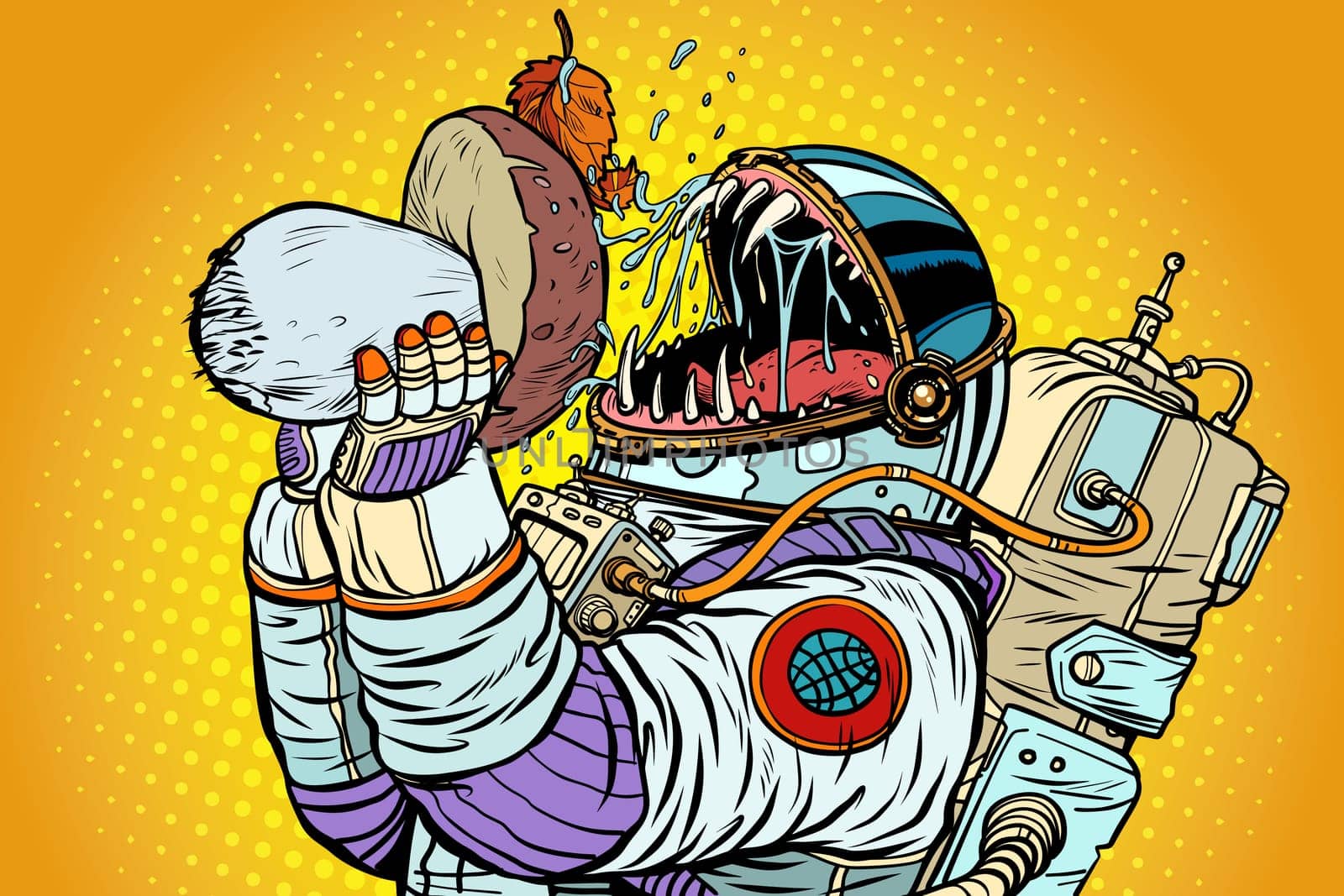 Astronaut Monster Eats Mushroom. Pop art retro vector illustration vintage kitsch