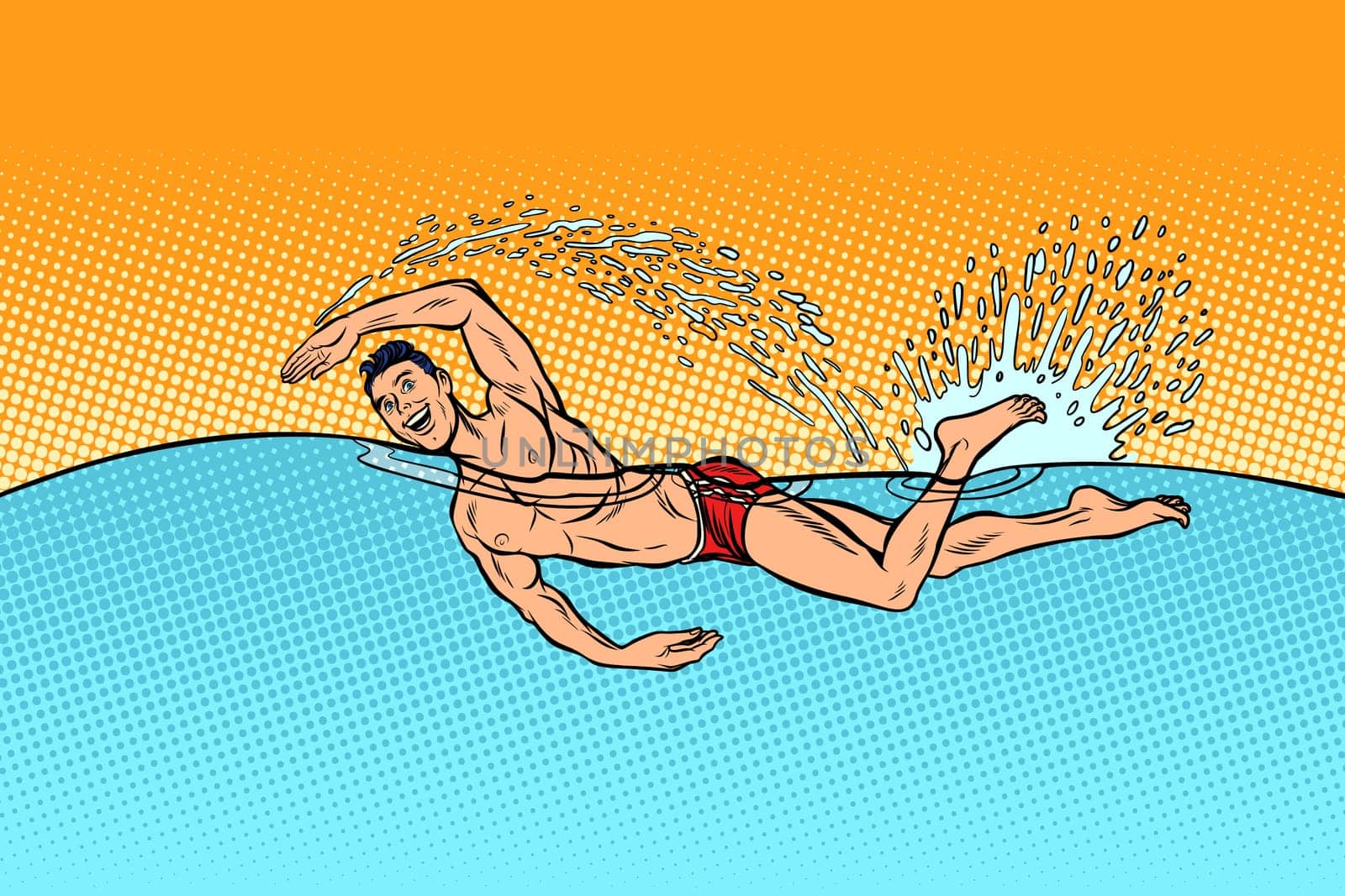 man swimmer swims. Pop art retro vector illustration vintage kitsch