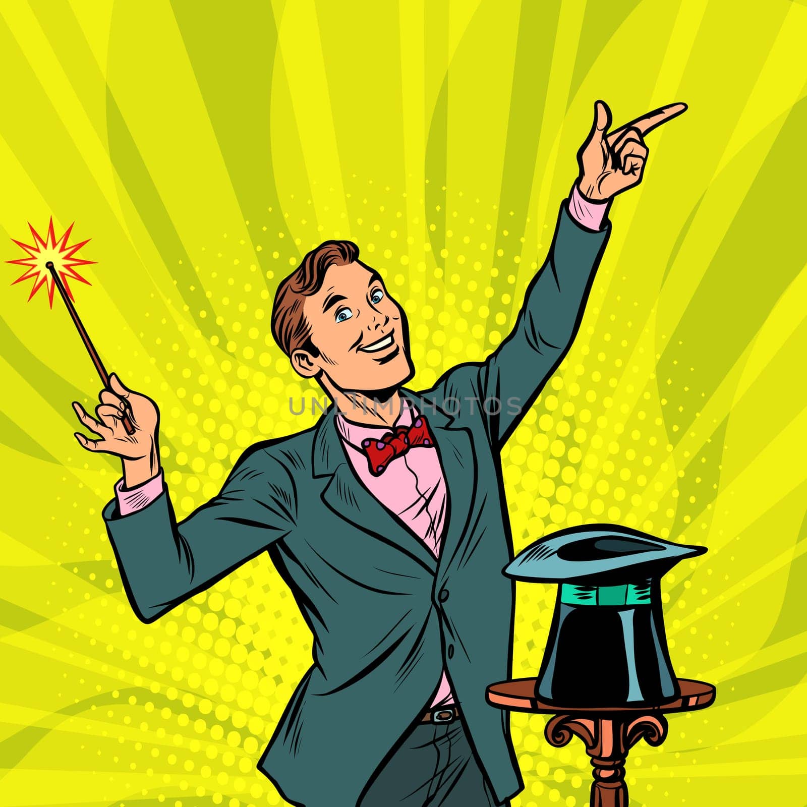 Magician, amazing performance. Circus performer. Trick. Pop art retro vector illustration vintage kitsch