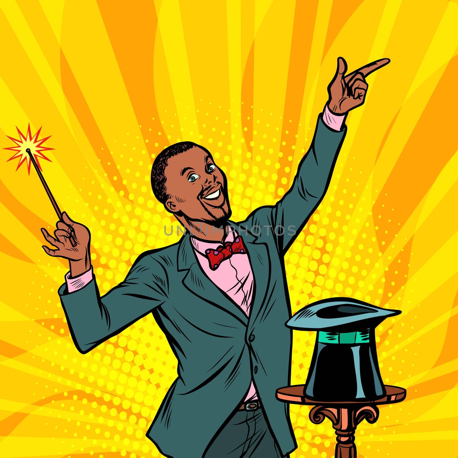 African Magician, amazing performance. Circus performer. Trick. Pop art retro vector illustration vintage kitsch