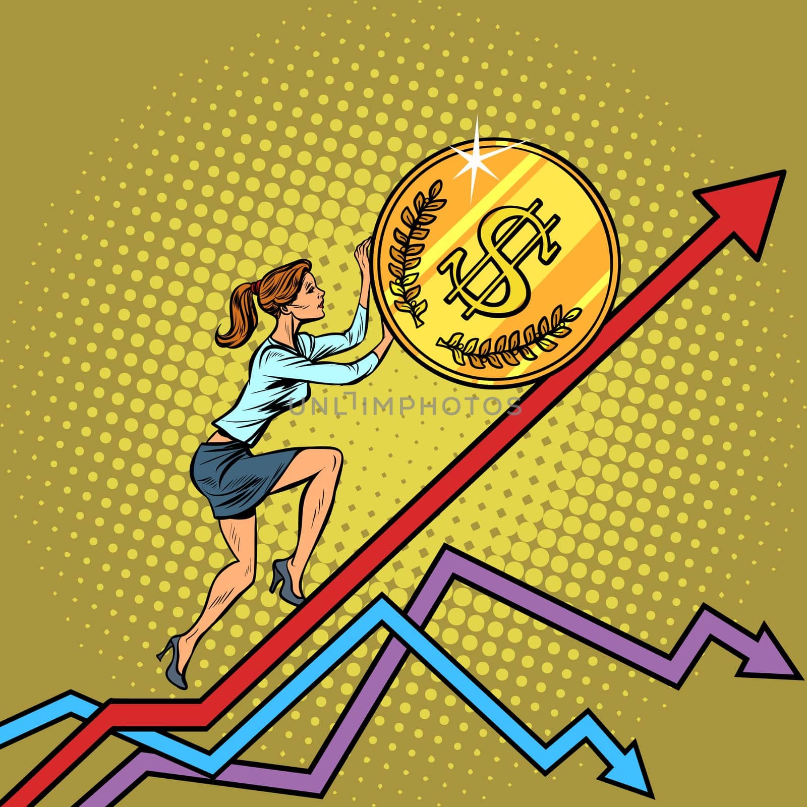 woman businesswoman roll a USA dollar coin up. Pop art retro vector illustration vintage kitsch