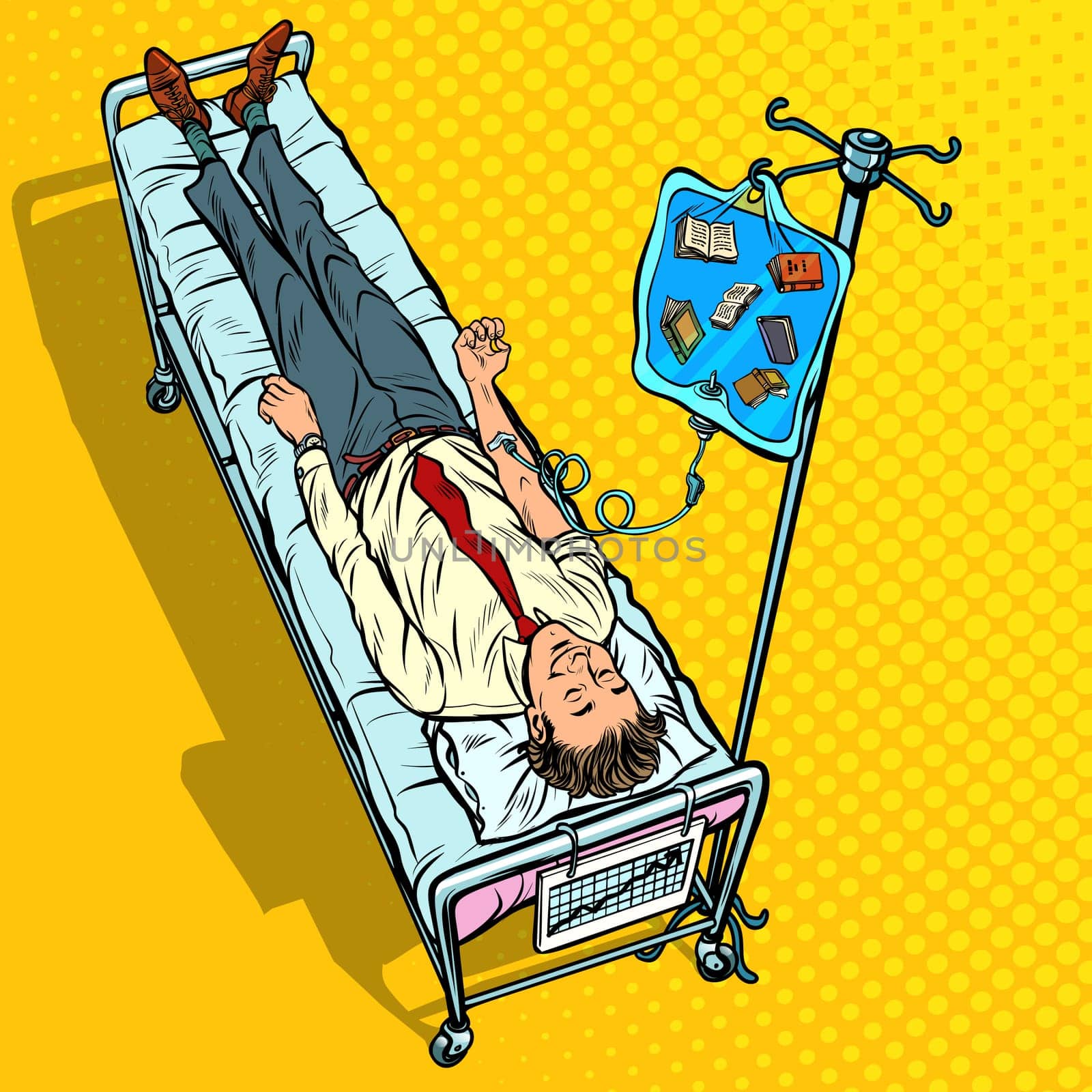Books, science and knowledge. man under medical dropper. Pop art retro vector illustration vintage kitsch