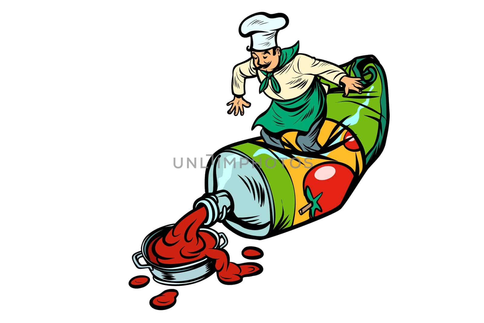 Little chef squeezes ketchup. Cooking food. Pop art retro vector illustration vintage kitsch
