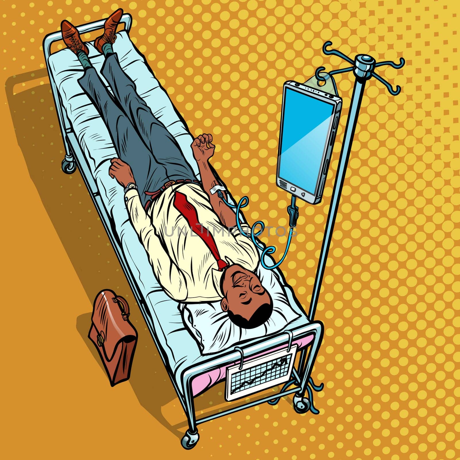 Dependency on gadgets concept. African man under medical dropper. Pop art retro vector illustration vintage kitsch