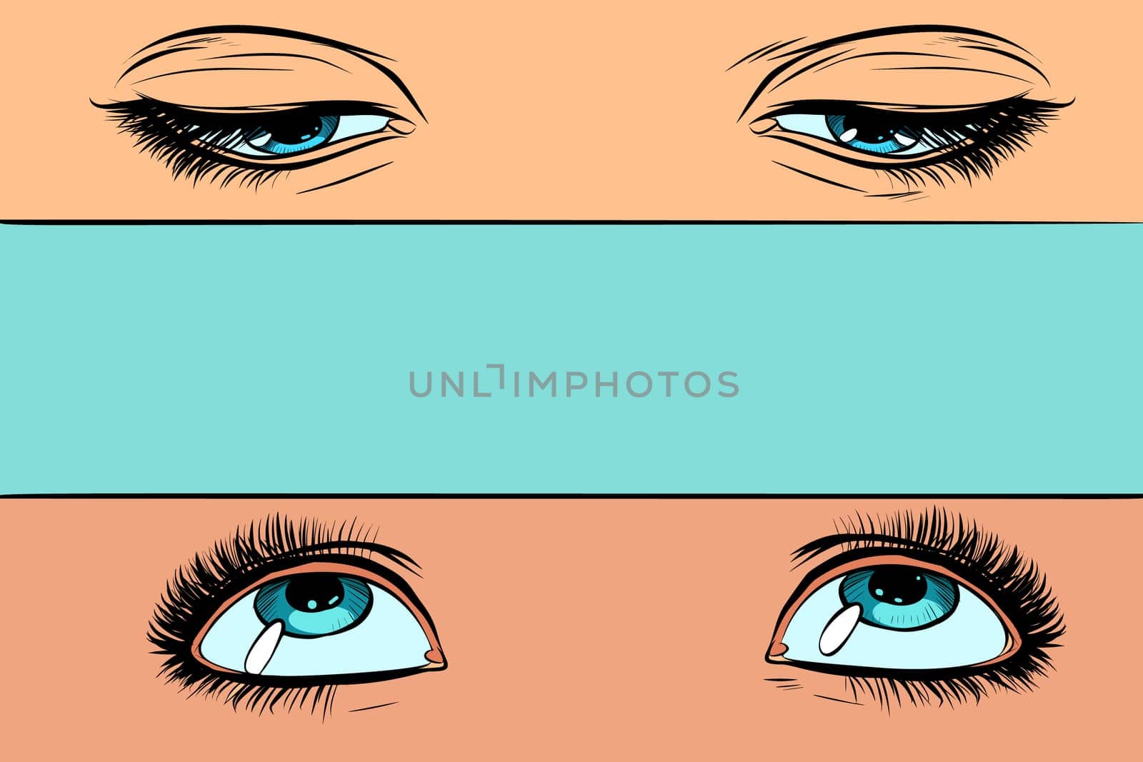 women eyes look up and down. Pop art retro vector illustration vintage kitsch