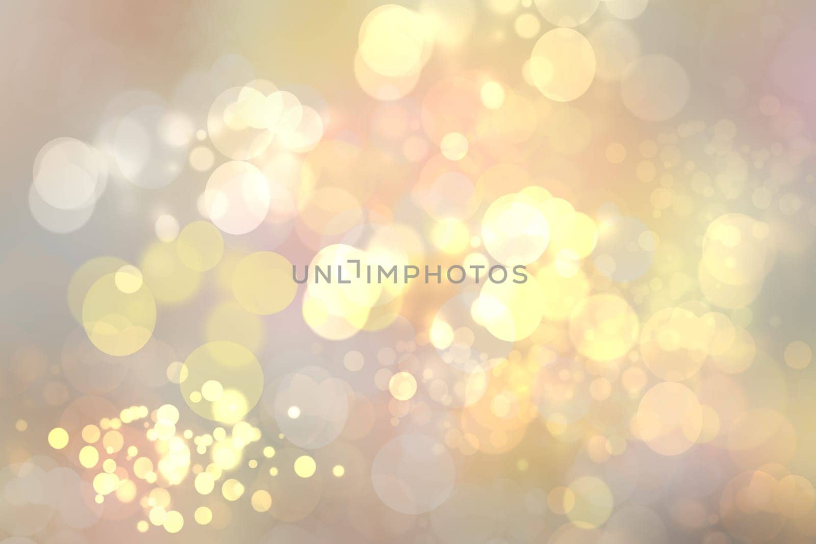 Abstract golden festive bokeh background with glitter sparkle blurred circles and Christmas lights. Concept Christmas, Happy New Year and other holidays.