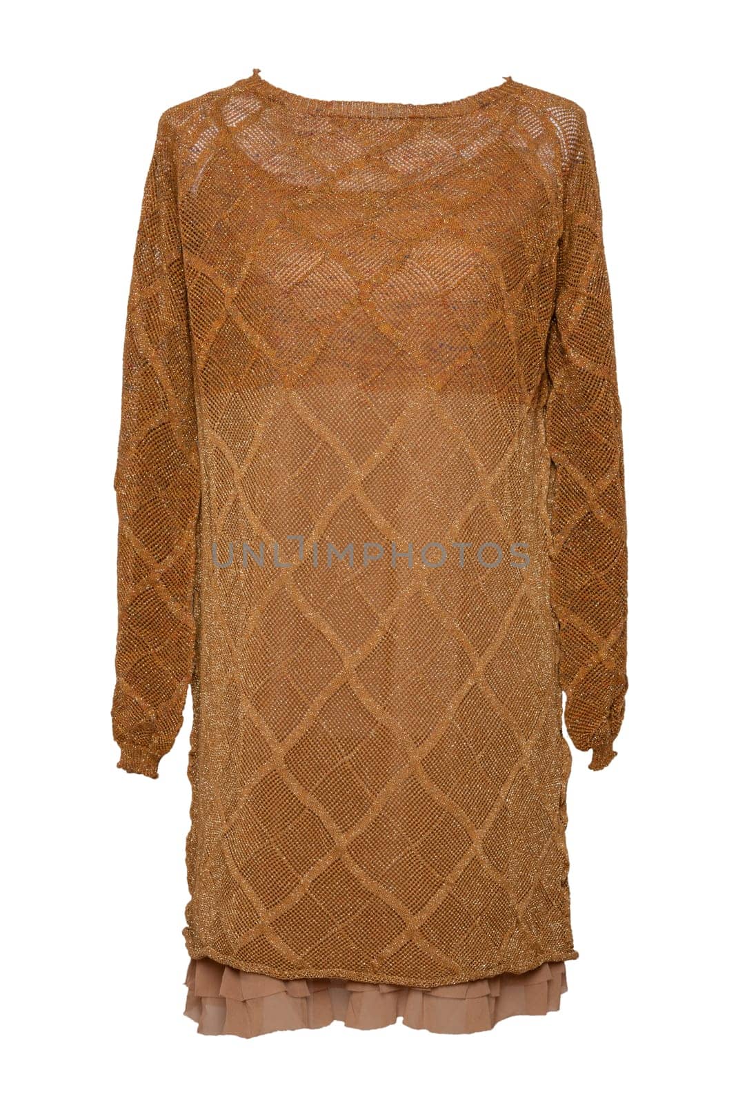 Fashionable festive women clothes isolated on white. Lacy brown long transparent dress isolated on a white background. Elegant evening dress.