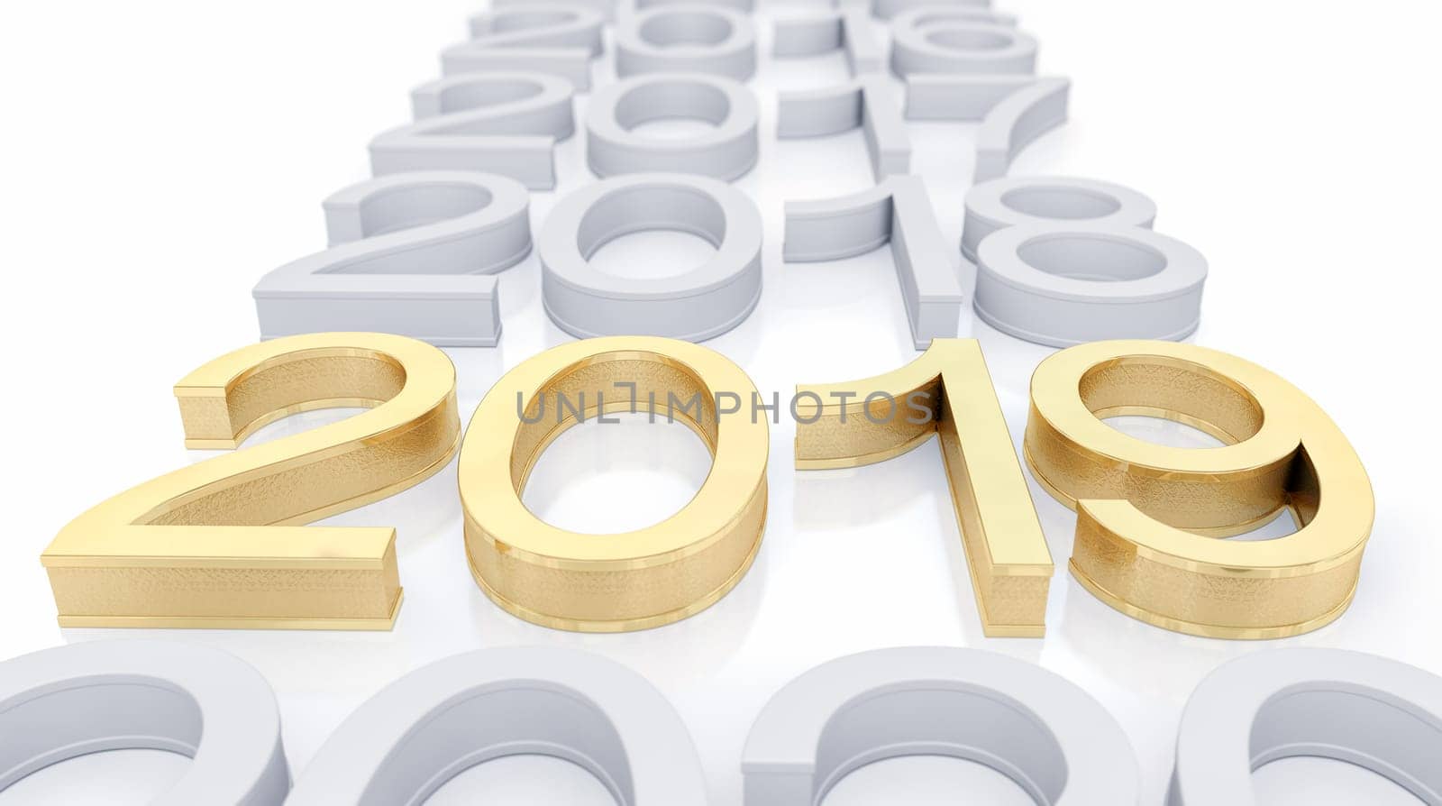 3D Gold Metal 2019 on White Background. Three-dimensional rendering. Focus on 2019 golden text.