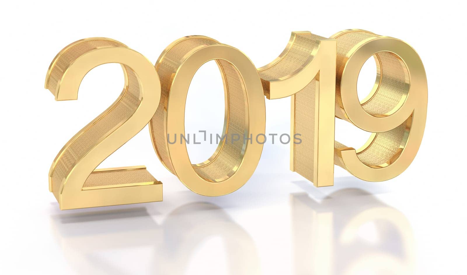 3D Gold Metal 2019 on White Background. Three-dimensional rendering.