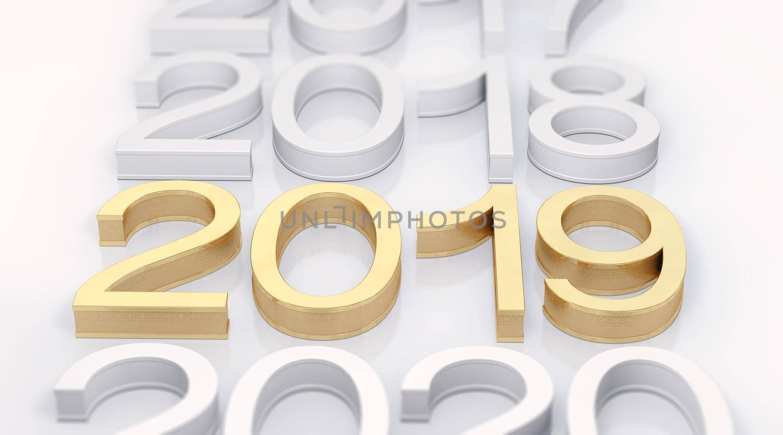 3D Gold Metal 2019 on white Background. Three-dimensional rendering. Focus on 2019 golden text.