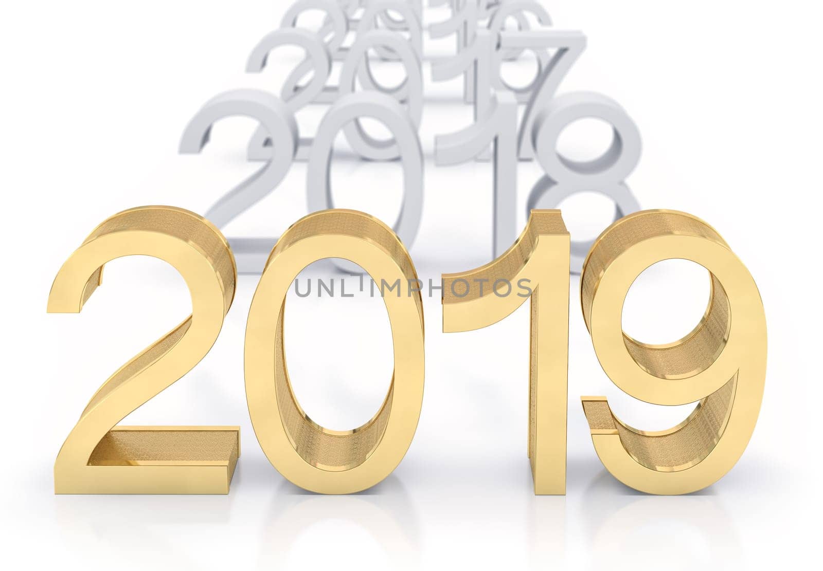 3D Gold Metal 2019 on white Background. Three-dimensional rendering. Focus on 2019 golden text.