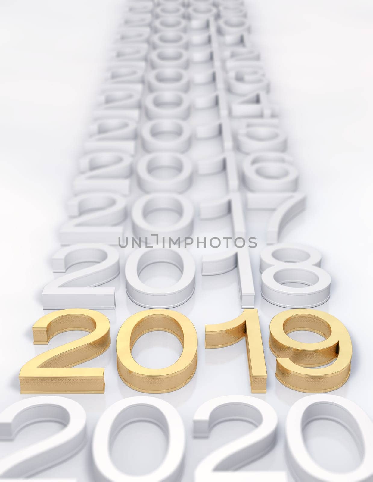 3D Golden 2019 on white background. Three-dimensional rendering. Focus on 2019 golden text.