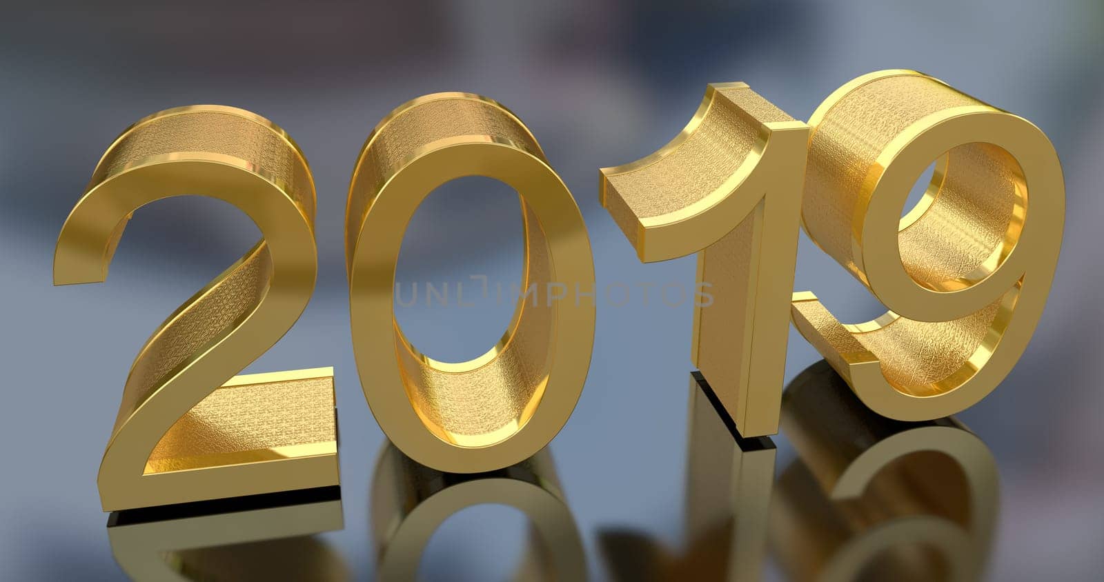 3D Gold Metal 2019 on Gray Background. Three-dimensional rendering.