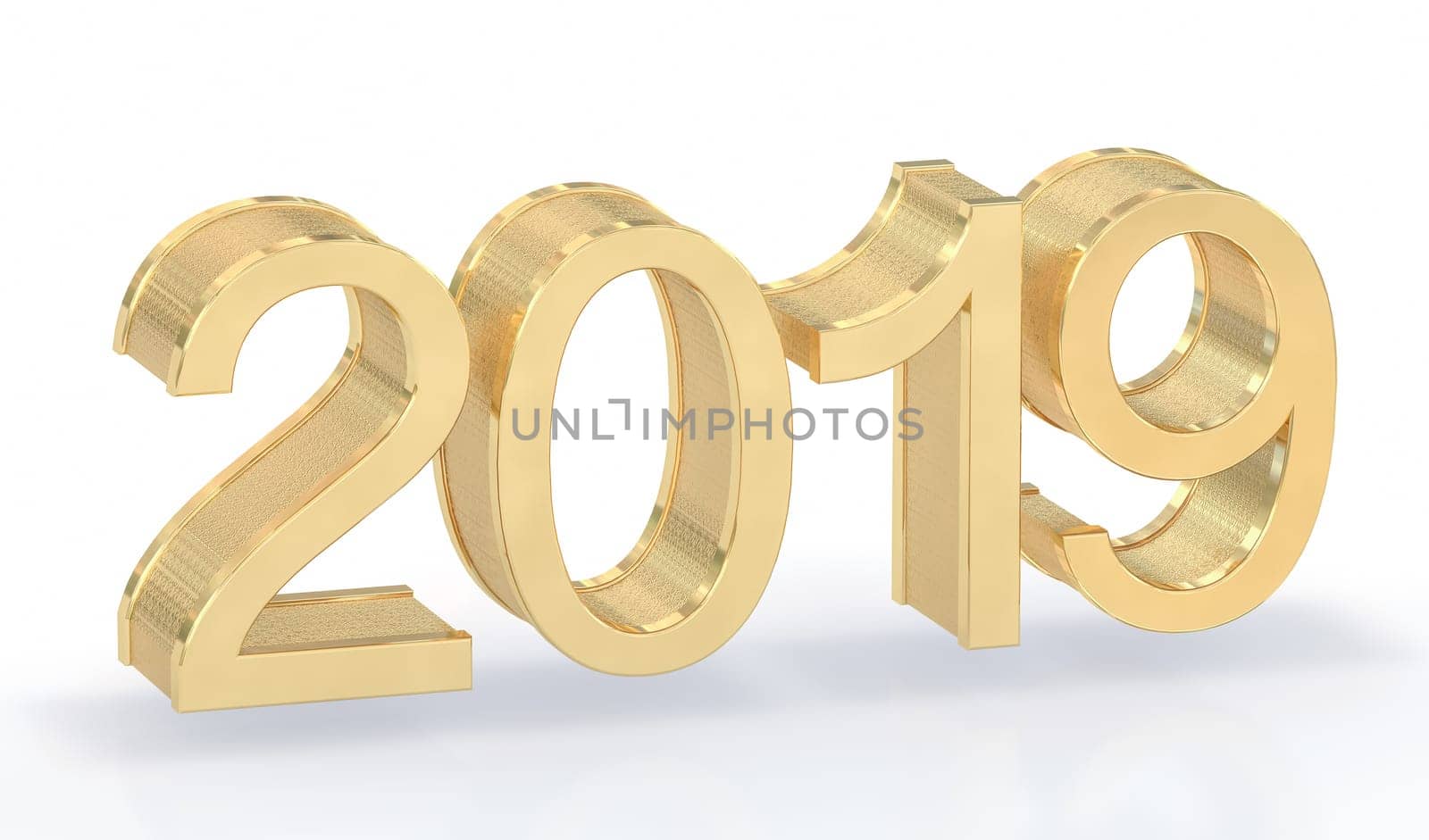 3D Gold Metal 2019 on White Background. Three-dimensional rendering.