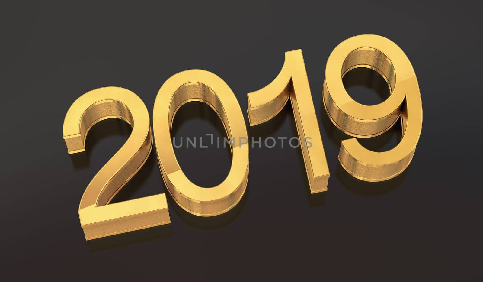 3D Gold Metal 2019 on Gray Background. Three-dimensional rendering.