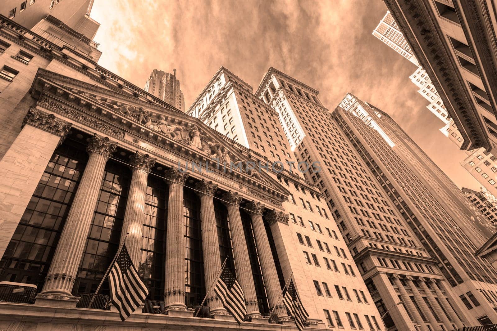 Exterior of New york Stock Exchange, largest stock exchange in world by market capitalization and most powerful global financial institute. Wall street, lower Manhattan, New York City, USA.