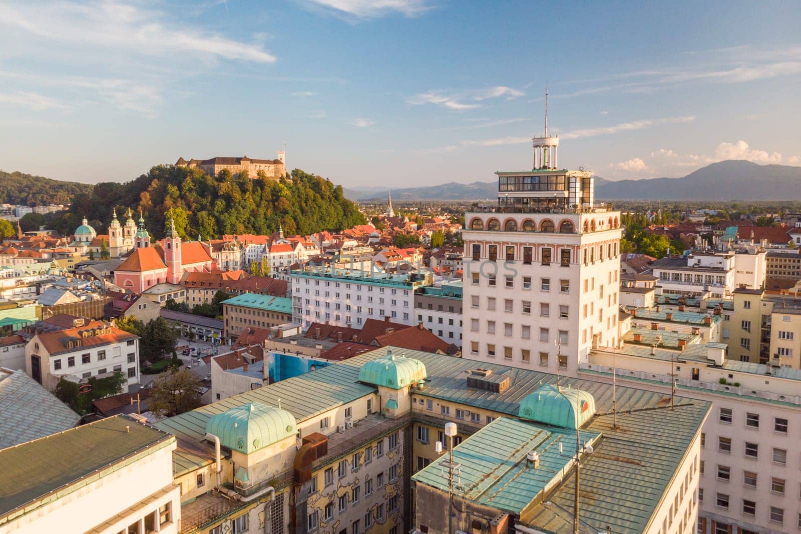 Aerial panoramic view of Ljubljana, capital of Slovenia at sunset.