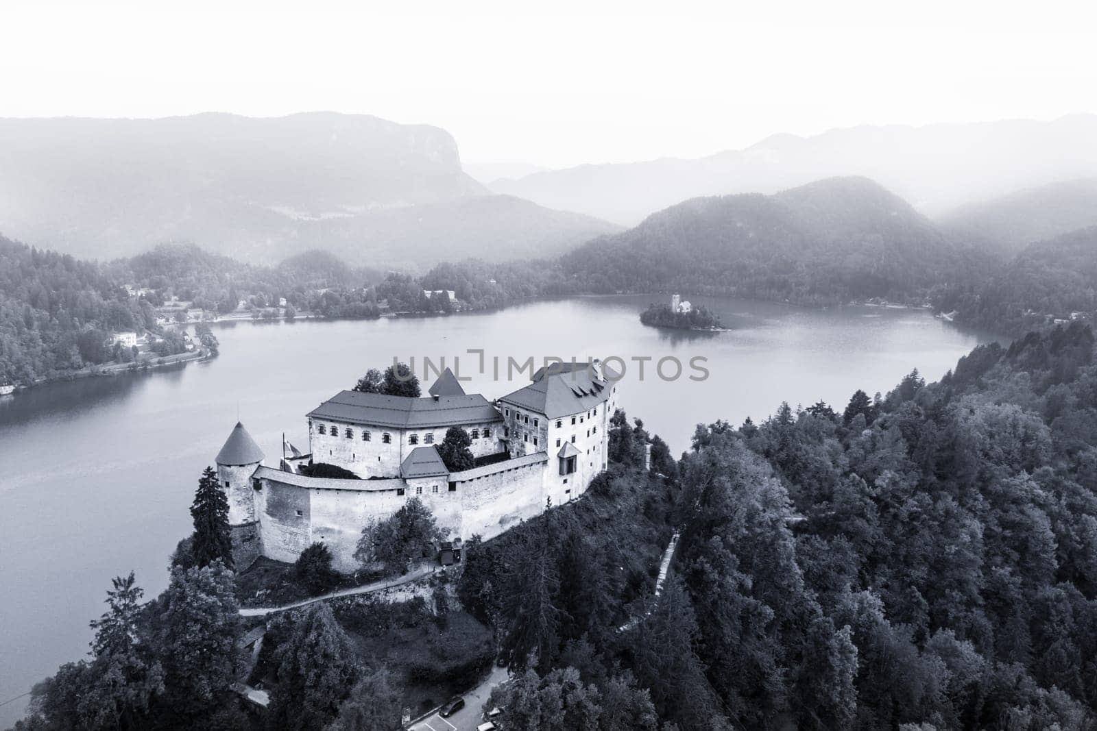 Aerial view of medieval castle by the lake Bled in Slovenia. Beautiful nature of Slovenia.