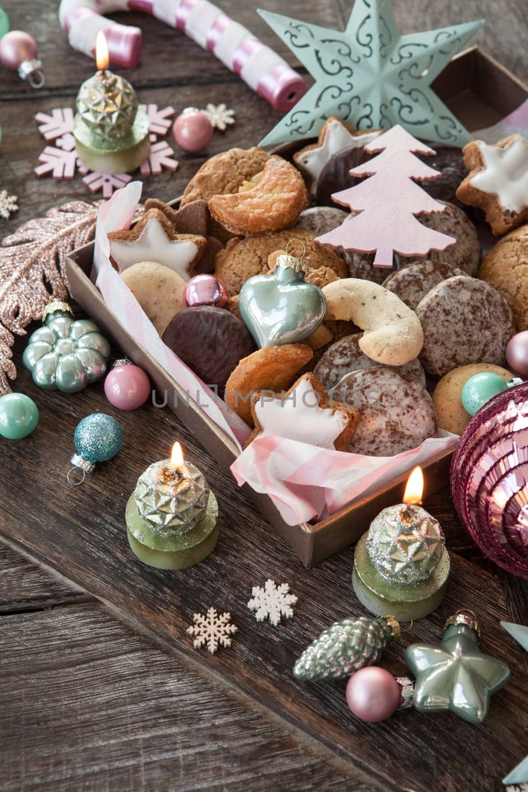 Variety of Christmas cookies and festive holidays decorations