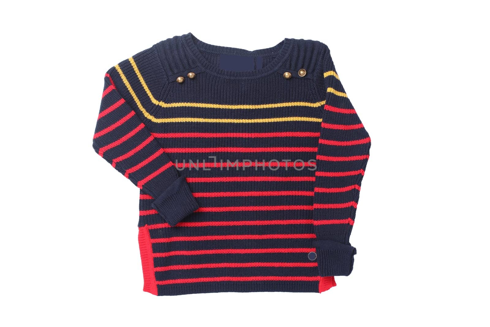 Autumn and winter children clothes. A red black striped cozy warm sweater or pullover isolated on a white background. Autumn fashion.