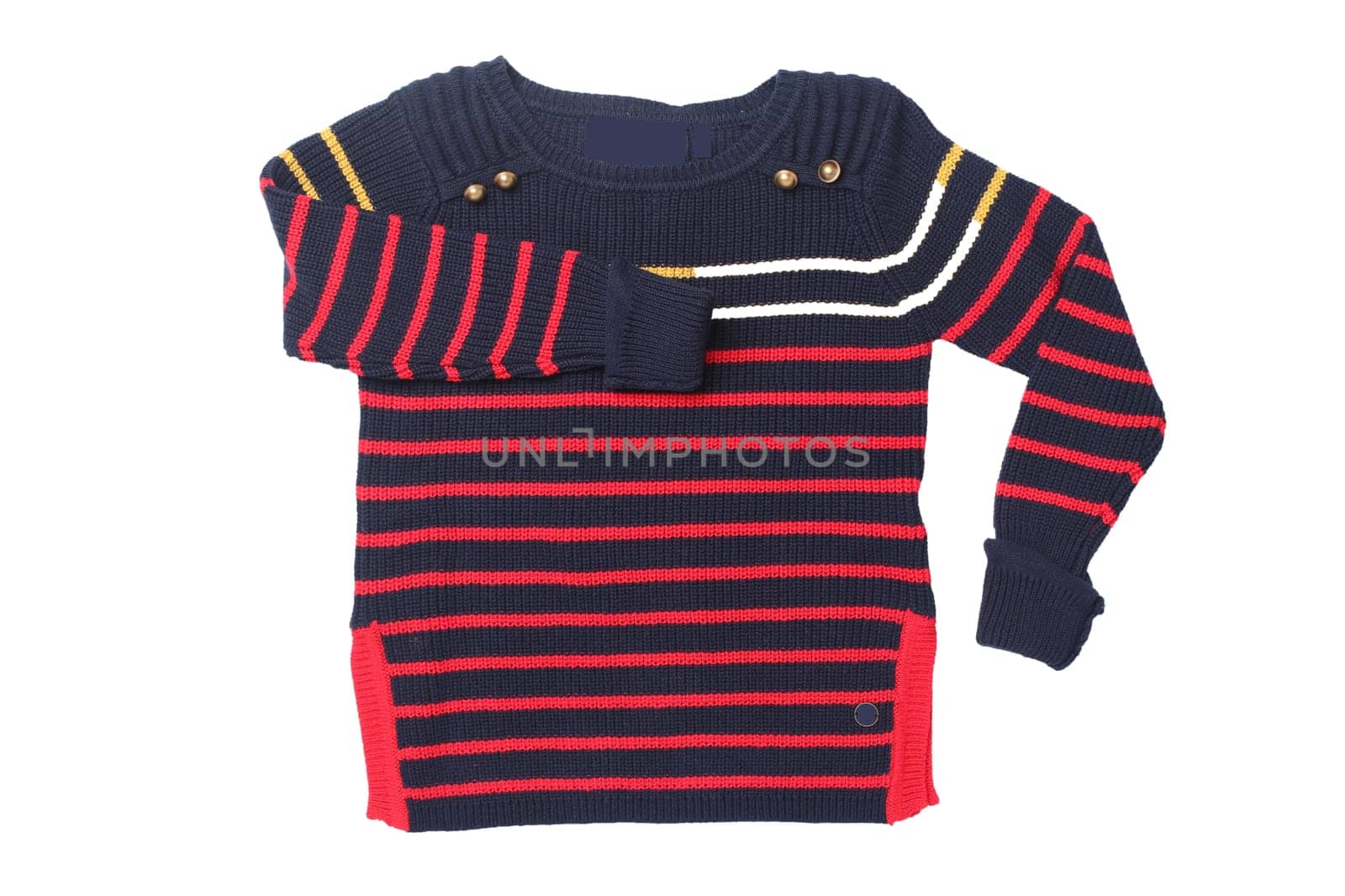 Autumn and winter children clothes. A red black striped cozy warm sweater or pullover isolated on a white background. Autumn fashion.