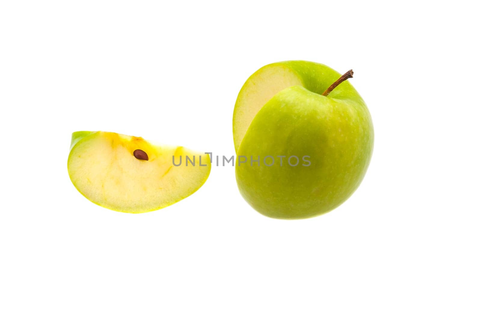 A single slice of a large green apple was cut off. On a white background.