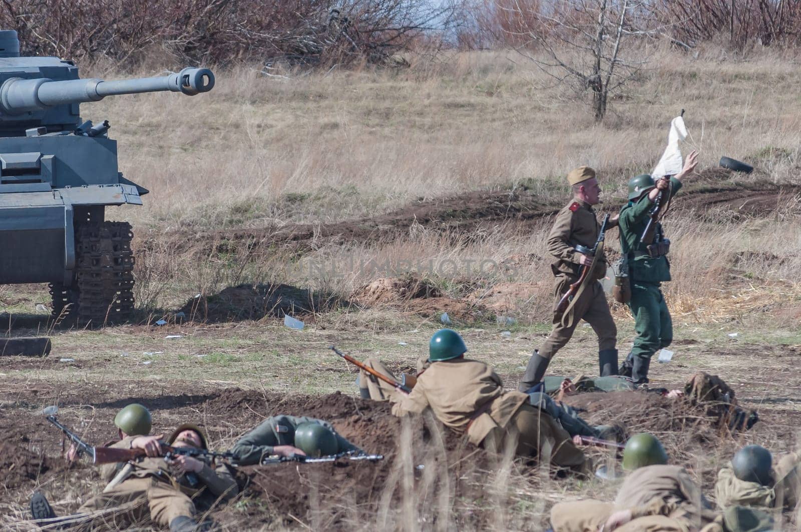 2018-04-30 The Samara Region, Russia. The victory of the soldiers of the Soviet army in the battle over the German troops. Reconstruction of hostilities in April 1945.