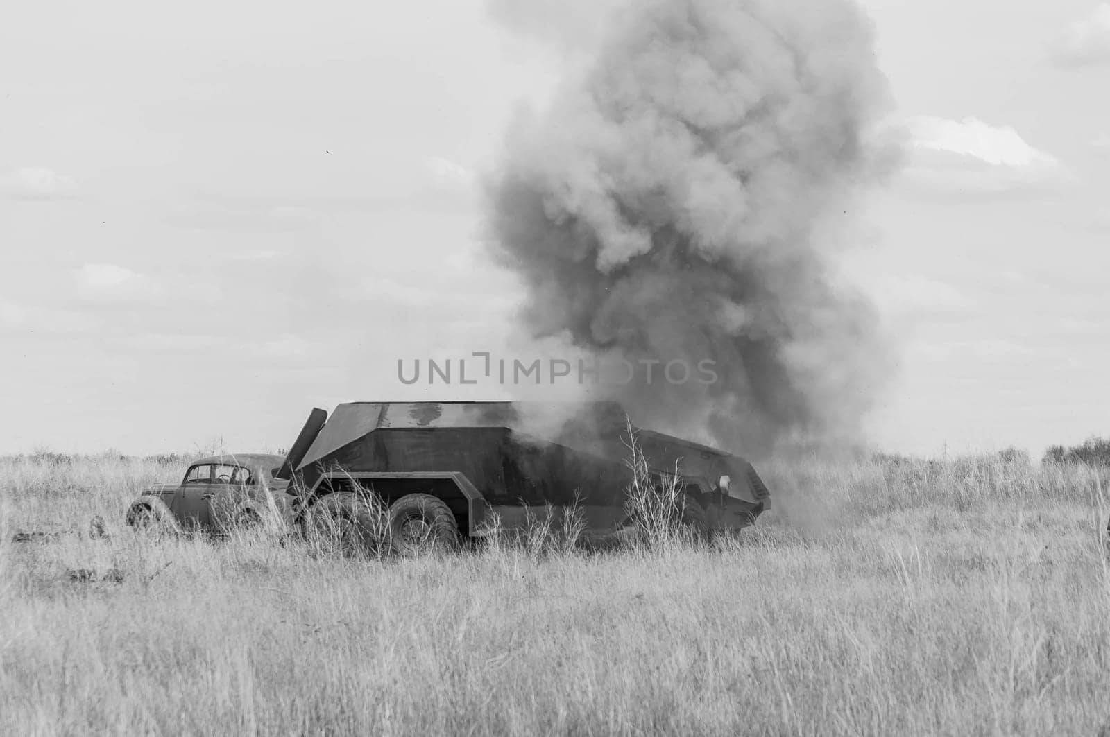 2018-04-30 The Samara Region, Russia. A wounded armored car of the German troops. Reconstruction of military operations.
