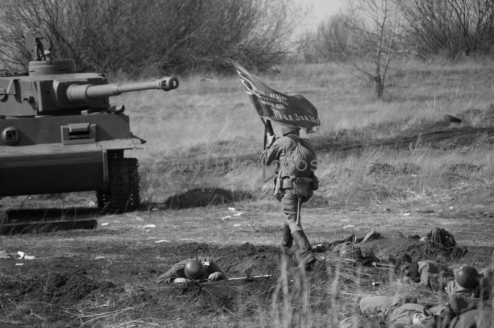 2018-04-30 The Samara Region, Russia. The battle of Soviet soldiers with German troops. Reconstruction of hostilities in April 1945.