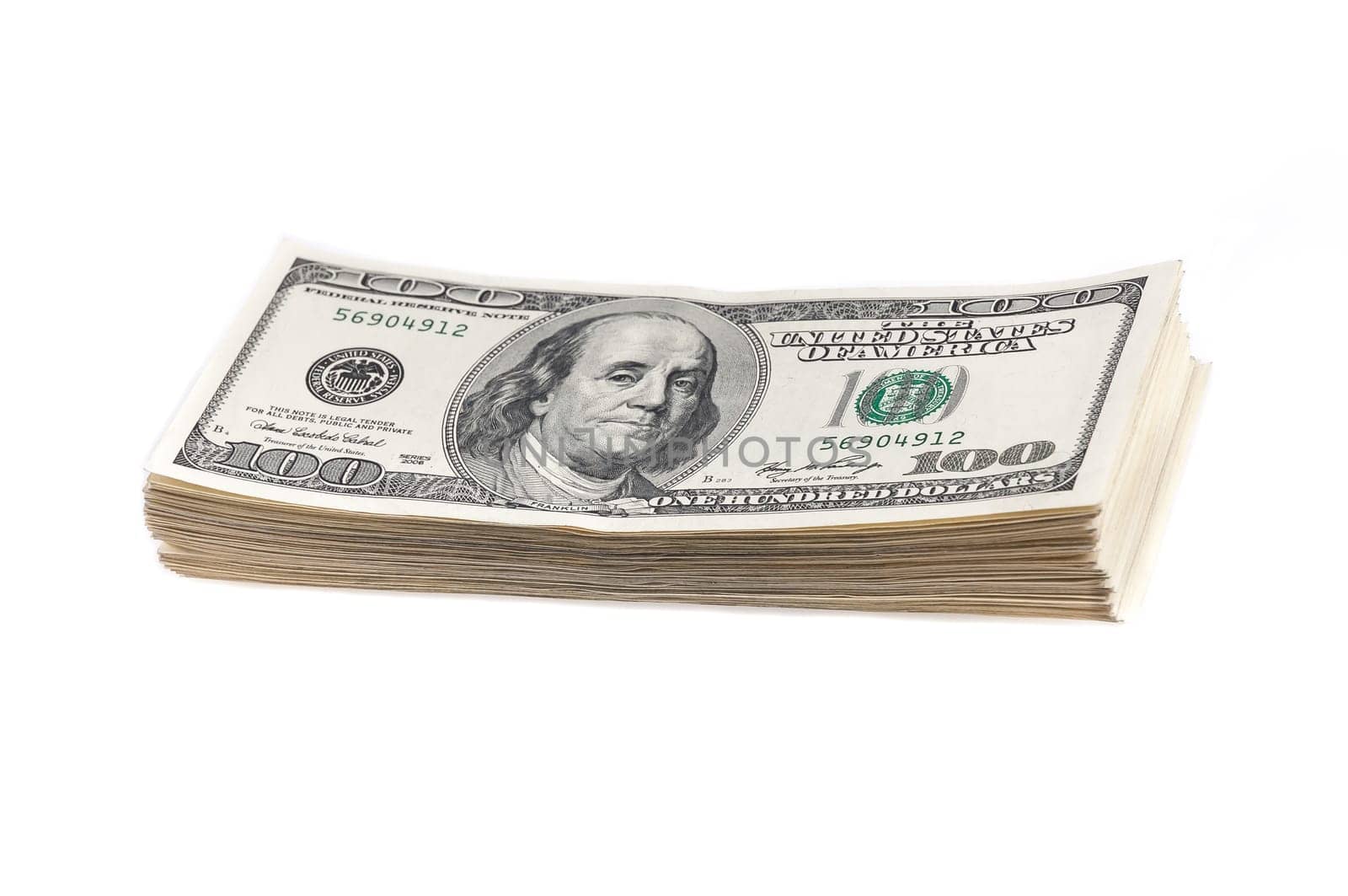 A stack of one hundred dollar bills on a white background.
