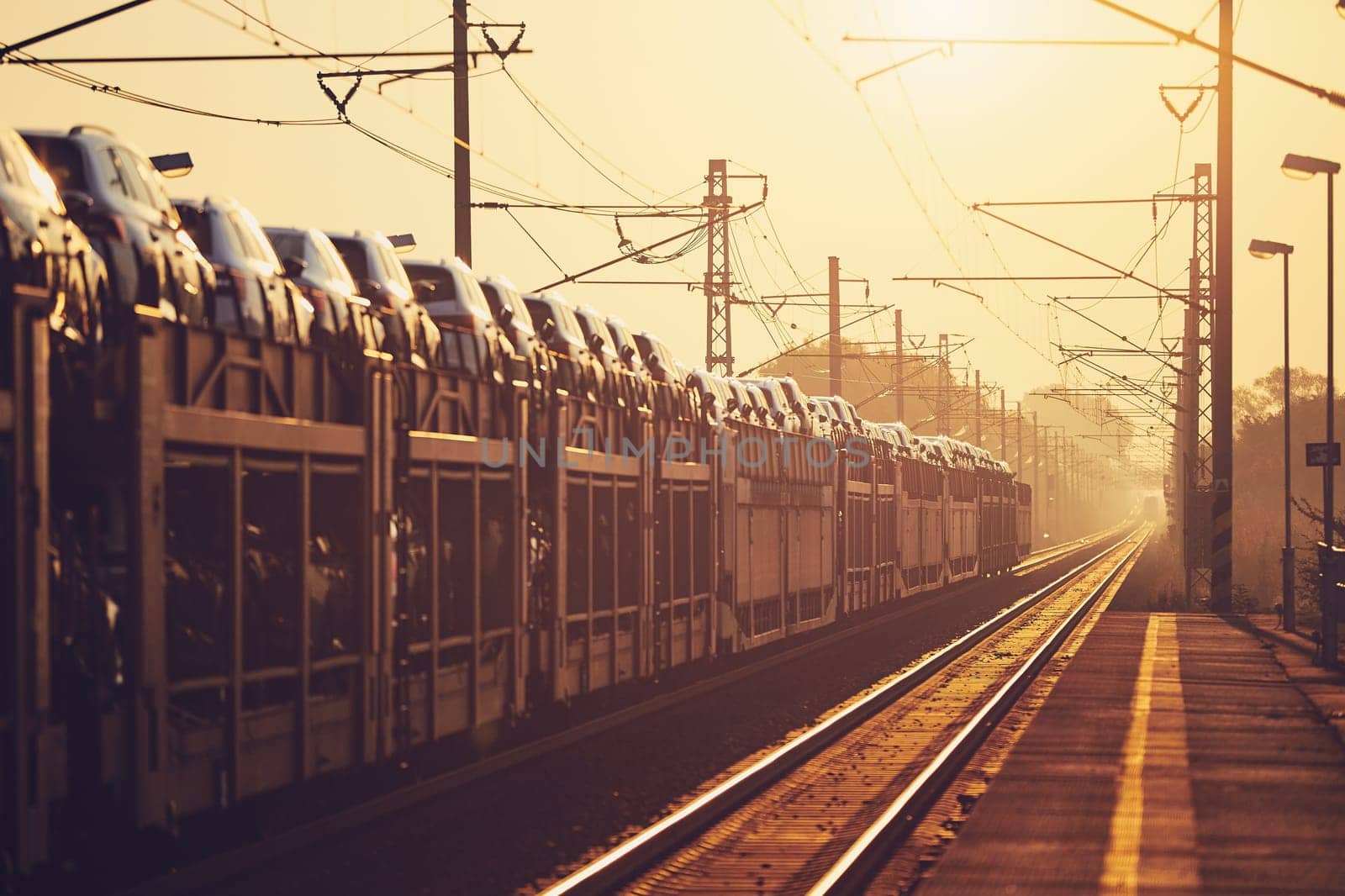 Freight train with new cars commuting to railroad station at sunrise.
